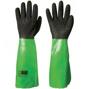 VINYL/PVC CHEMICAL RESISTANT GLOVES Seamless nylon liner Highly durable. Soft with outstanding grip in dry, wet and oily conditions. Flexibile, and less tiring to the hand. Easier to get on and off.