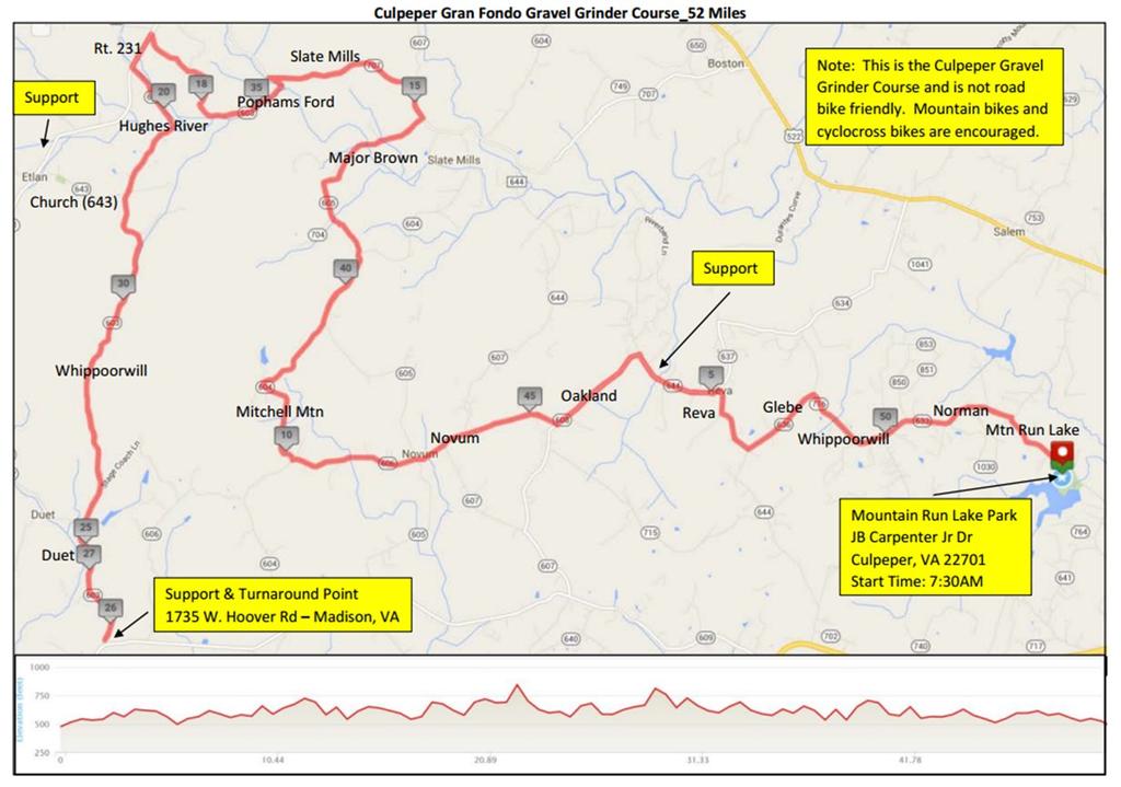 52 Mile Gravel Grinder Ride The 49 Mile gravel Grinder Ride Map is posted on the Culpeper Gran Fondo page of the VTSMTS website.
