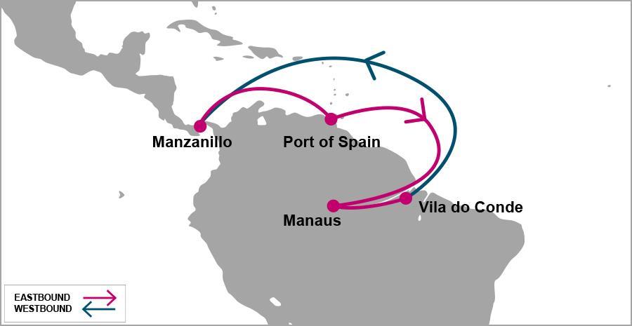 CX1: Caribbean Express 1 Manzanillo FRI/SAT Port of Spain TUE/WED Manaus TUE/SAT SUPERTERMINAIS Vila do Conde WED/THU TECON Manzanillo FRI/SAT Turnaround days: 28 E/B POS MAO VDC W/B MIT POS