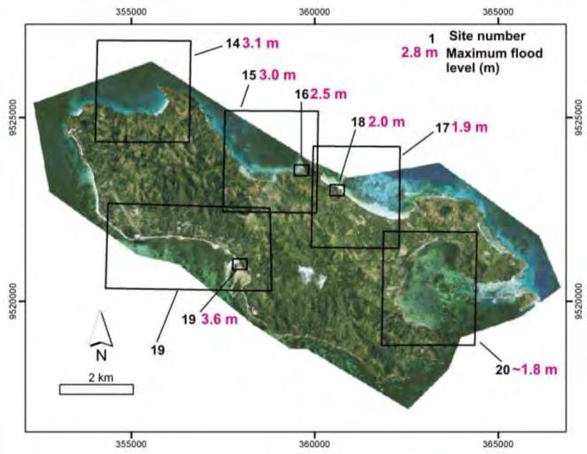Figure 2-4-9: Tsunami Run-up Height on Praslin Island The red numbers refer to the maximum water level above mean sea level at each location. (Jackson, L.E., Jr., Barrie, J.V., Forbes, D.L., Shaw, J.