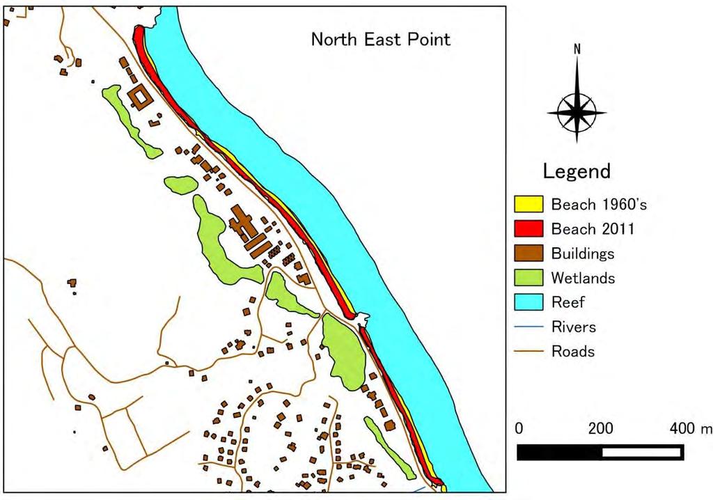 Figure 2-4-12: Beach Changes at North East Point from the 1960s to 2011 The beach is narrow and the coastal road is located along the beach.