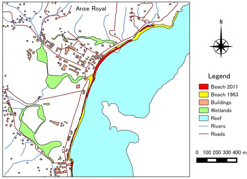Figure 2-4-15: Beach Changes at Anse Royale from the 1963 to 2011 Damaged revetment wall Scattered rocks from damaged revetment wall Photo 2-4-3: Damaged Revetments and Scattered Rock Armouring at