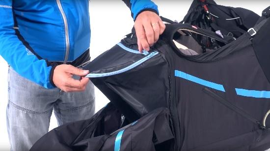 This compartment has been carefully designed and sized to hold a paraglider rucksack.