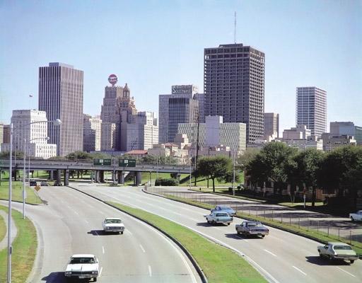 126 Houston Freeways Pre-freeway downtown: This 1967 photograph shows the modest collection of mid-rise office buildings that comprised downtown before the completion of the downtown freeway network.