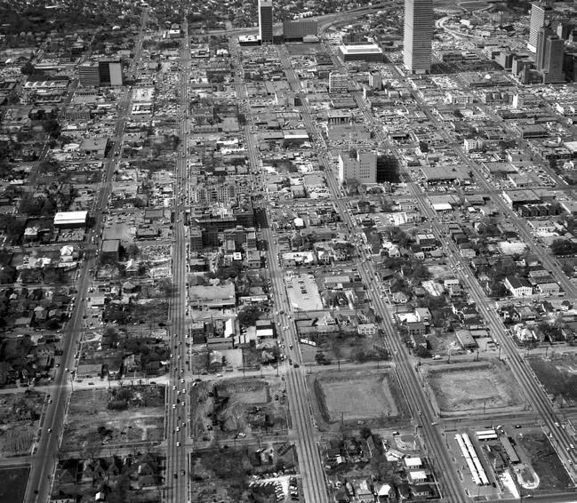 130 Houston Freeways On the eve of freeway construction: This 1963 aerial view of the southeast side of downtown shows the area just before freeway construction projects would begin.
