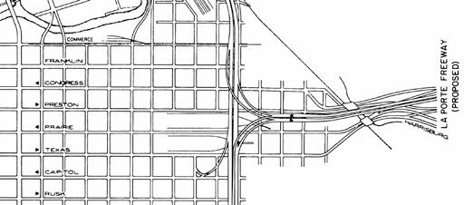 IH 10 north of downtown: This section of freeway, opened on May 17, 1972, is simple and basic in comparison to other freeways in the downtown interchange complex.