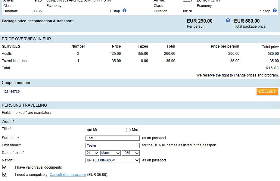 PASSENGER DETAILS AND BOOKING The price calculation shows the total amount for the accommodation including the transport and extras.