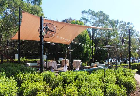 The River Deck features a shade sail, outdoor