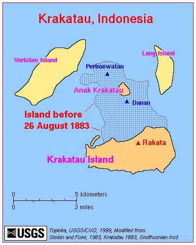 The Krakatoa volcanoes erupted and exploded in 1883, causing massive tsunamis and killing at least 36,417 people, while simultaneously destroying over two-thirds of Krakatoa island.