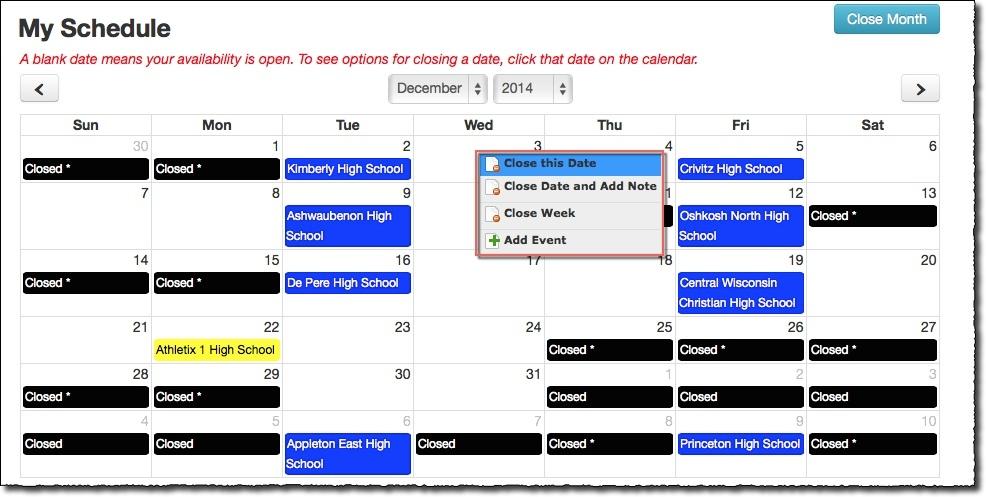 A closed date will show in black, dates with events show in blue, and pending events (you need to