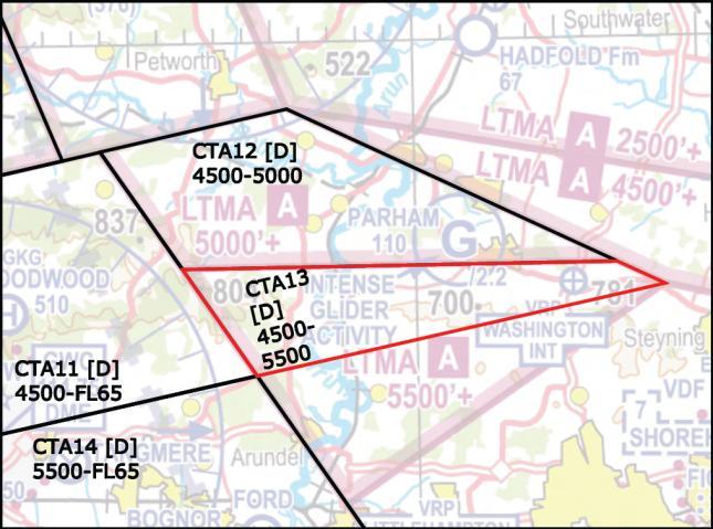 Southern area overhead Parham gliding site 5.32. Option 25 s CTA13 to the south of Parham was originally intended to allow our arrivals to descend through 6,000ft towards 5,000ft. 5.33.