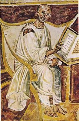 Sv. Augustin, freska iz 6. stoljeća u Lateranskoj knjižnici u Rimu. Zbog toga je sv. Augustin (= Aurelije Augustin, 354 430 n.e.) zadužio svoga učenika Pavla Orozija (rođ. oko 380. n.e.) da sastavi spis o katastrofama koje je čovječanstvo doživjelo još prije uspona kršćanstva.
