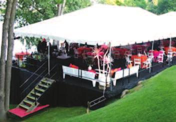 PARTY TENTS AND CANOPIES TENTS We install tents on lawns as well as patios and driveways. Rain gutters, adjustable legs and other accessories allow unlimited configurations.