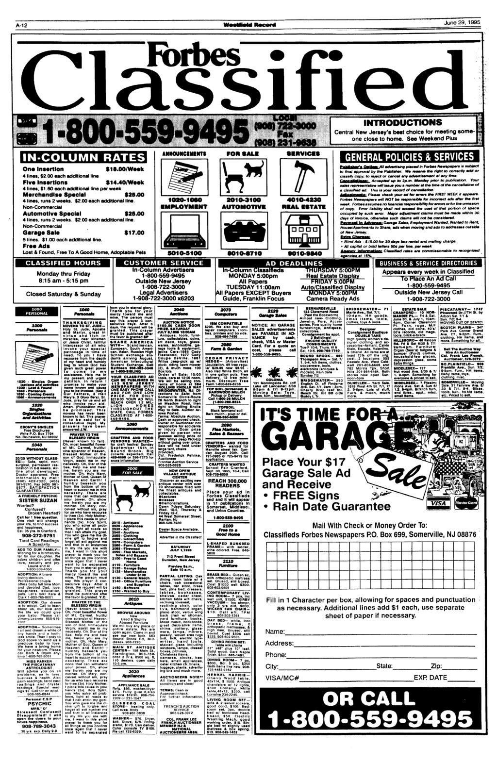 A-12 June 29, 1995 lassifi Forbes NTRODUCTONS Central New Jersey's best choice for meeting someone close to home. See Weekend Pius N-COLUMN RATES On* nsertion 4 lines, $2.00 each additional line $1«.
