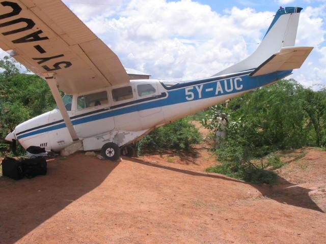 The aircraft, a Cessna 206 registration 5Y-AUC, departed the runway as it landed at Mandera Airstrip at night and ended up in the ditch about