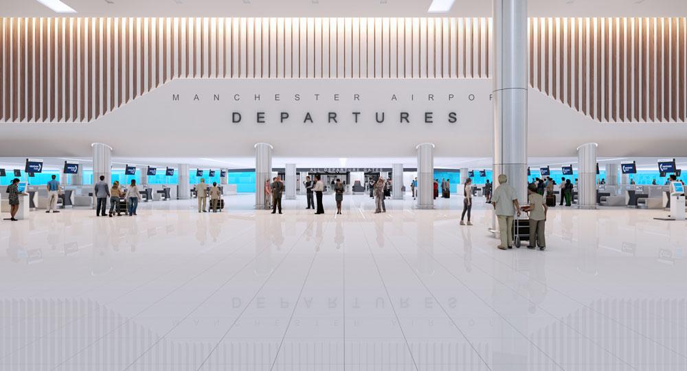 A rendering of the new Manchester Airport Departures concourse part of a 10bn transformation project which began last year.