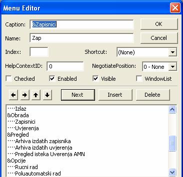 Programski jezik Visual Basic Zbirka zadataka 183 svih napravljenih glavnih menija, podmenija i stavki koje su u sastavu podmenija.