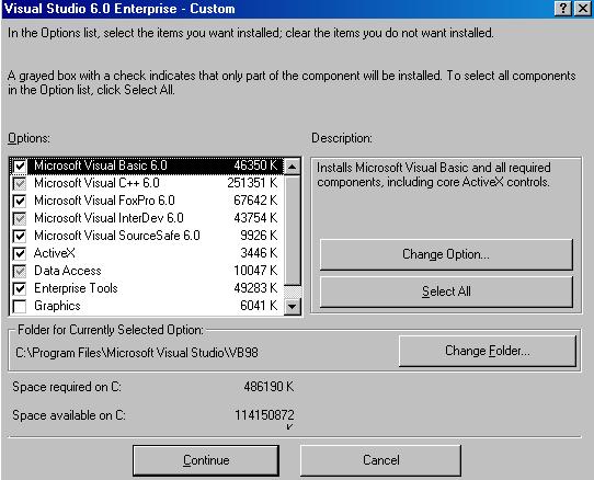 2. UVOD U PROGRAMSKI JEZIK VISUAL BASIC 56 Slika 2.3. Izbor opcija koje se instaliraju Ako ova opcija nije čekirana ili ako se računar resetovao, pojaviće se prozor Visual Studio 6.