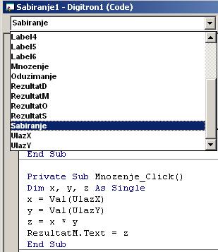 2. UVOD U PROGRAMSKI JEZIK VISUAL BASIC 72 Za operacije sabiranja, oduzimanja i množenja kod programa je gotovo identičan. Prvo se vrši deklarisanje tri promjenjive realnog tipa.