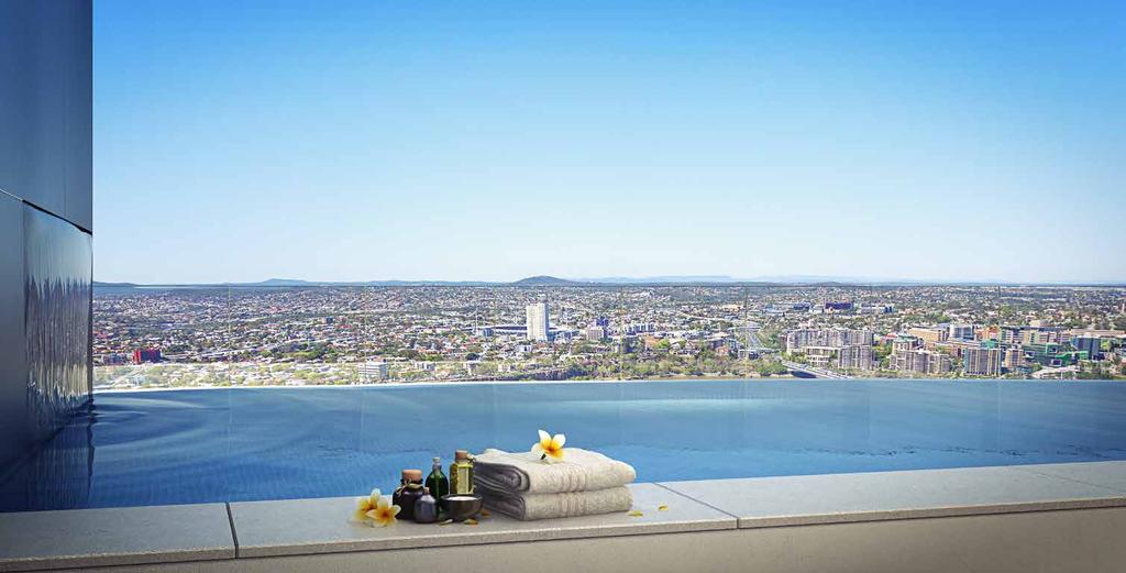 Infinity pools let you swim to the edge of the building breathing in long, spectacular vistas over the whole of Brisbane, the islands at