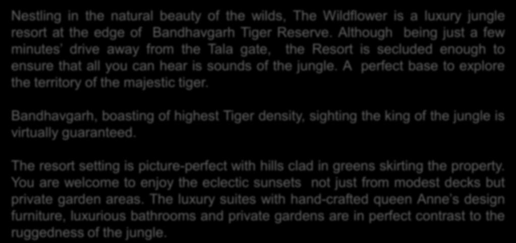 Luxury in Wilderness Nestling in the natural beauty of the wilds, The Wildflower is a luxury jungle resort at the edge of Bandhavgarh Tiger Reserve.