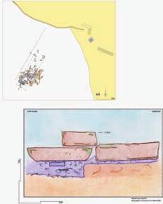 Uvala Valeta, sjeverni gatić, tlocrt i presjek Južni gatić Drugi antički objekt, okomit na obalu, pronađen je ispod četvrtaste moderne bitve. Njegova se simetričnost nalazi u temeljima gata M1.