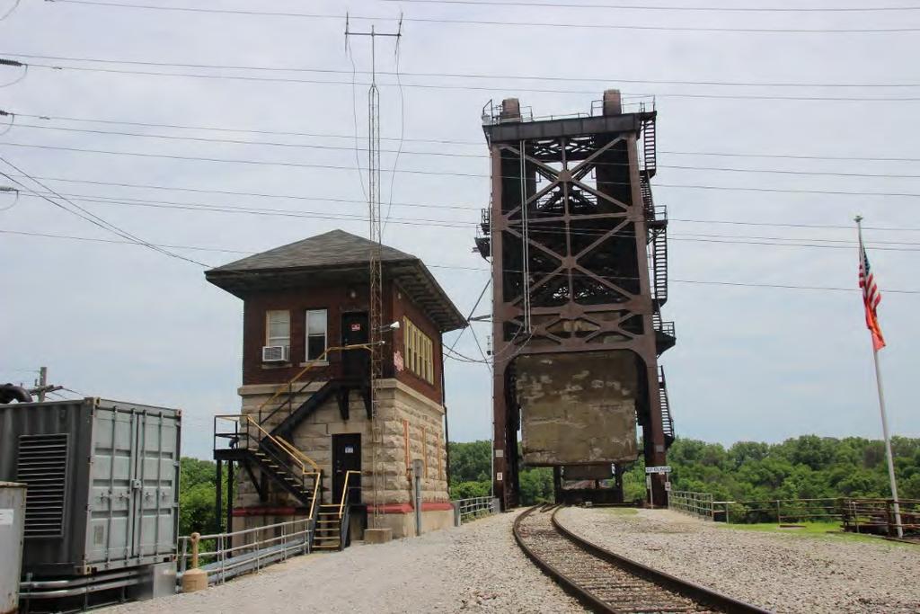 A view from the Louisville shore of L&I s Clagg Tower and the Portland Canal lift bridge. The Falls of the Ohio River cut river traffic at Louisville.