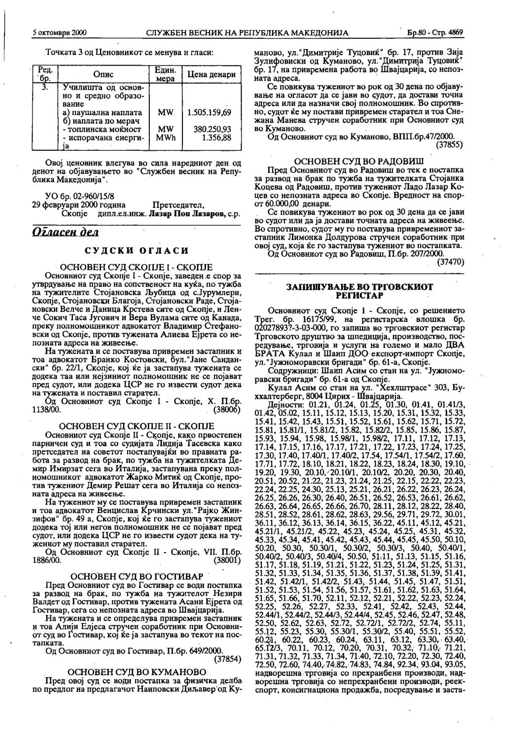 5 октомври 2000 СЛУЖБЕН ВЕСНИК НА РЕПУБЛИКА МАКЕДОНИЈА Бр.80 - Стр.