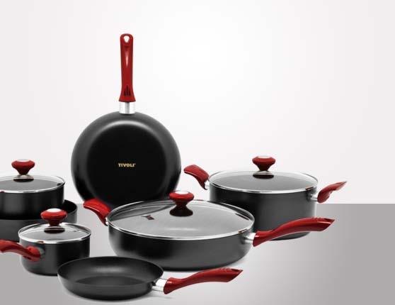 This entry level cookware is sure to surprise everyone with the delightful combination of black body and glossy red handles.