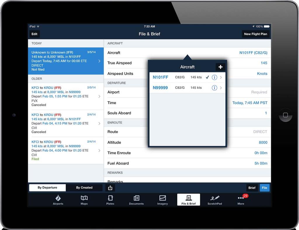 File & Brief ABOUT THE DESIGN The File & Brief view of ForeFlight Mobile provides a quick way to enter details about a flight to depart 10 minutes from now or days in advance.