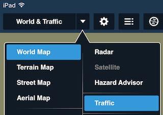 To display Traffic, tap the Maps drop-down and select the Traffic overlay. Use the Filter Traffic Settings (later in this section) to hide traffic beyond 15nm or +/- 3,500 from your location.