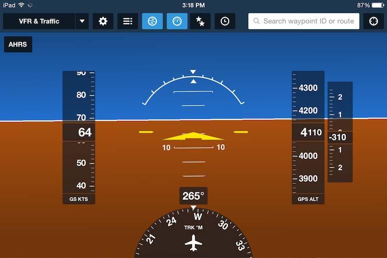 ATTITUDE INDICATOR (IPAD ONLY) When connected to a Stratus 2 receiver, tap the Attitude Indicator button the top of the Maps page to view the Attitude Indicator display, which includes: at