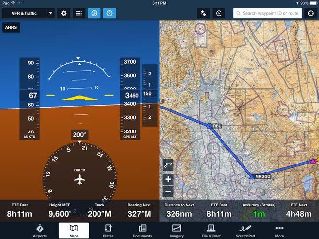 When the ipad is in Landscape orientation the Attitude Indicator display is shown on the left side of the screen on the Maps page.