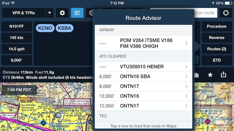 Additionally, entries are highlighted that make the most sense for your route s direction of flight. Tap an entry to add it to the end of the current route (or to replace one already in the route).