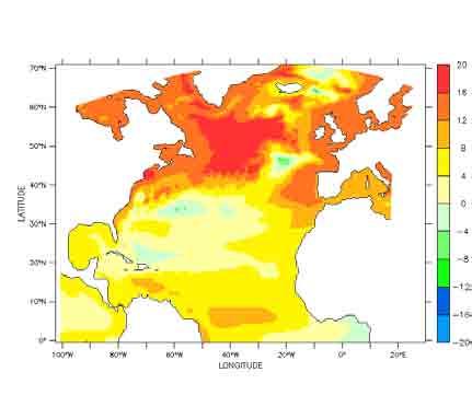 one key region: subpolar North Atlantic SSH-changes (cm) after weakening of
