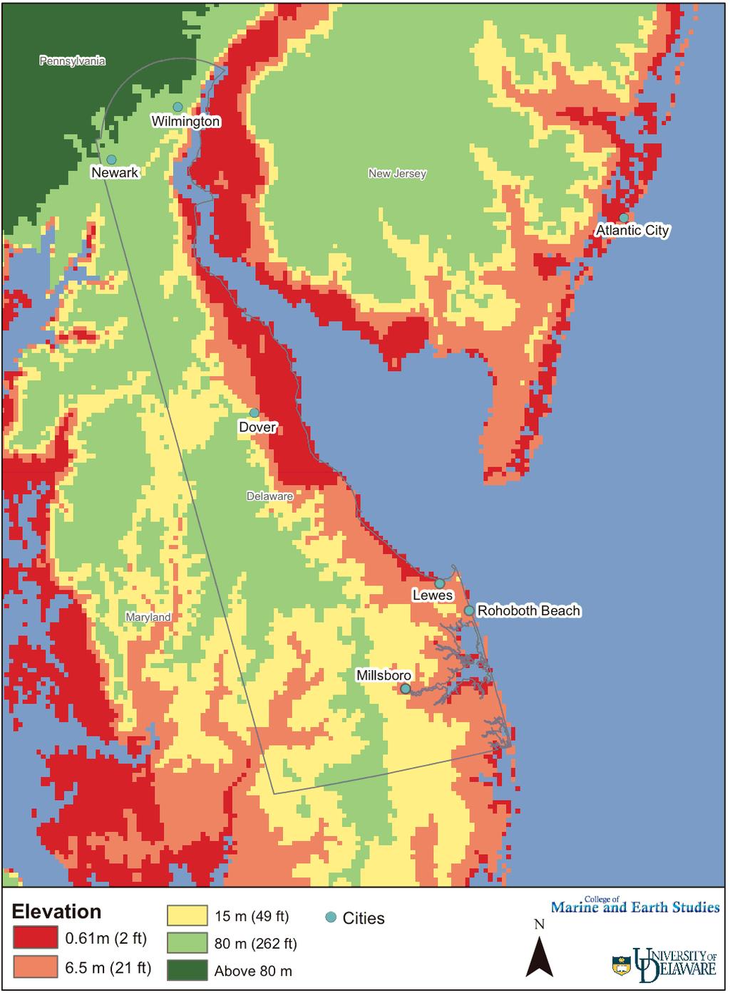 Figure 3.1 Low lying Delaware and environs impacted by sea level rise Table 3.