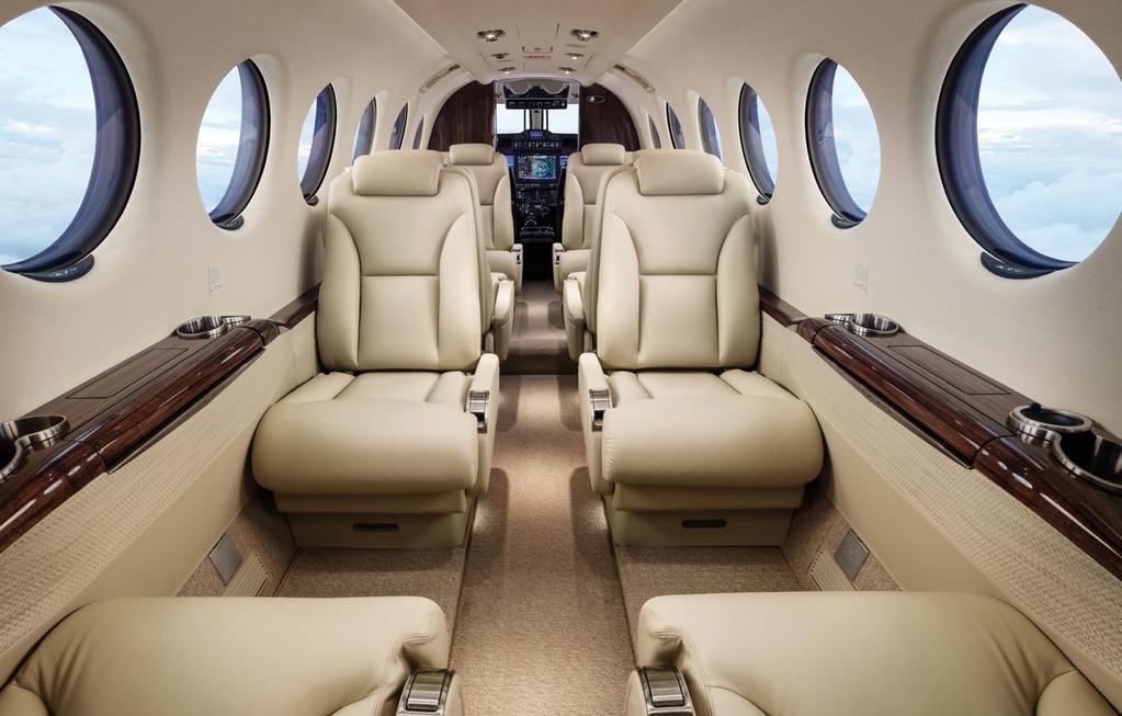 QUIET COMFORT AND PRODUCTIVITY The spacious King Air 350i cabin, with standard seating for up to nine passengers,