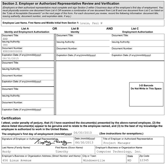 1 2 3 4 5 Figure 10: Completing Section 2 of Form I-9 for F-1 Nonimmigrant Students with OPT 1 Enter the student s name from Section 1 at the top of Section 2.