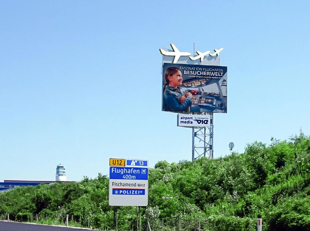 PREMIUM ADVERTISING Advertising Tower Situated at the entrance road to the airport and visible from the motorway A4 in direction from both Vienna and Bratislava