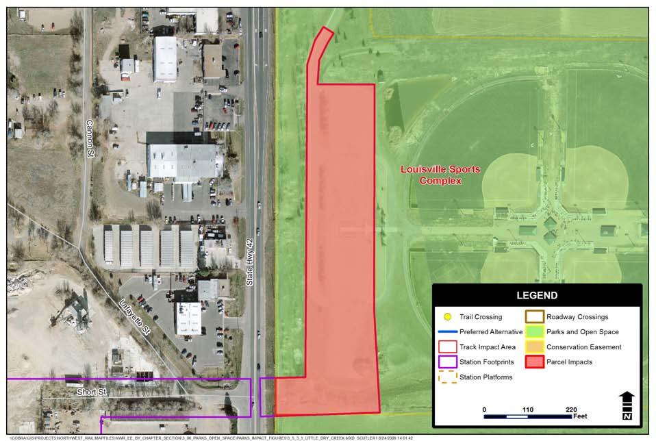 Proposed Stations As shown in Figure 3.6-17, the Downtown Louisville Station would impact 3.58 acres of parkland at the Louisville Sports Complex to provide parking.