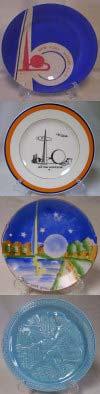 Lot # 205 - Lot of 4 Ceramic Plates: - Round ceramic plate hand painted with an orange trylon and perisphere with a white background. The rest of the plate is painted a bright blue.