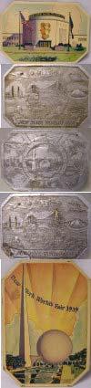 Lot # 220 - Lot of 5 Hot Plates: - Rectagular plaque with a silver finish. Slightly raised image of the Trylon and Perisphere and several world's fair buildings adorn the top.