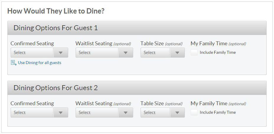 Complete the preferred dining options for all guests. The ability to Waitlist for a dining time is also possible. If a passenger knows what table size they wish to have, this can also be specified.