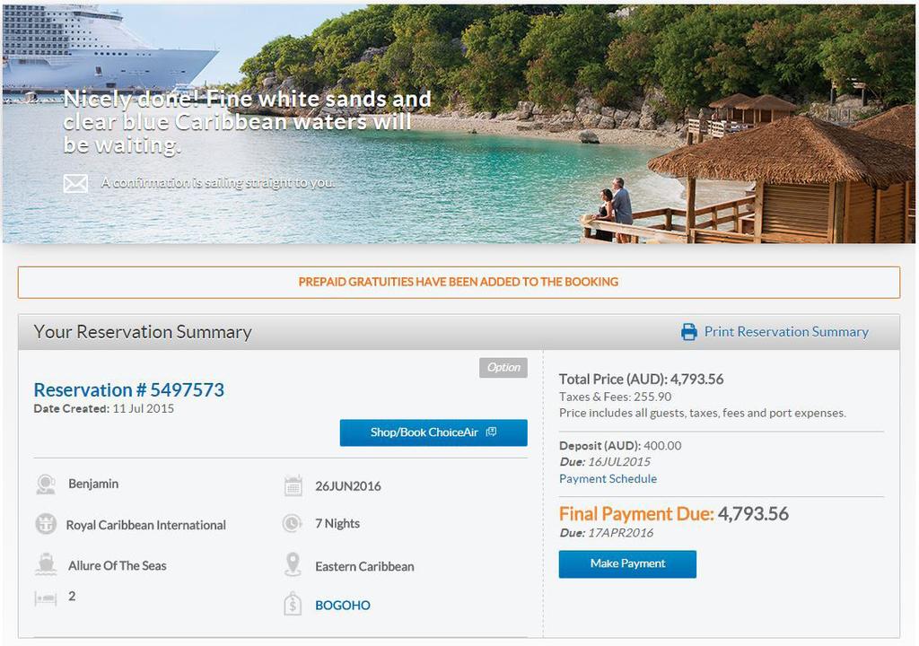 Pricing details displays the total gross financial status of the booking.
