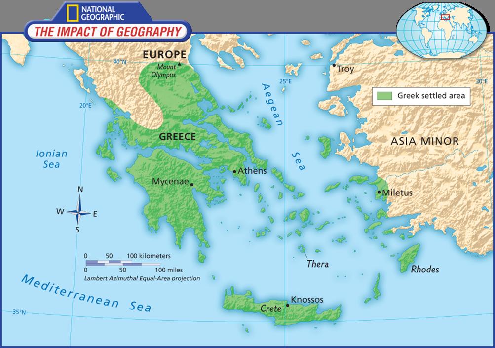 Ancient Greece Washed by the waters of three seas the Aegean, Ionian, and Mediterranean--Greece was a crossroads for different cultures. Its history began on the island of Crete about 6,000 years ago.