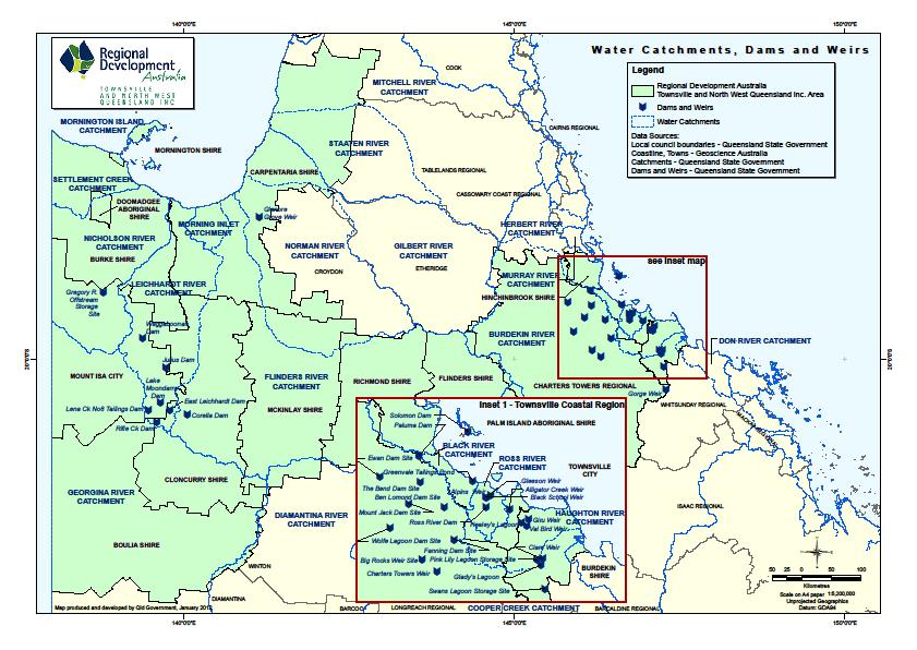 Draft Regional Roadmap 2013 16 Appendix Figure 7: Water Catchments, Dams and Weirs in Townsville and North West RDA Region Currently between 2000 3000 hectares of land is irrigated in the Flinders