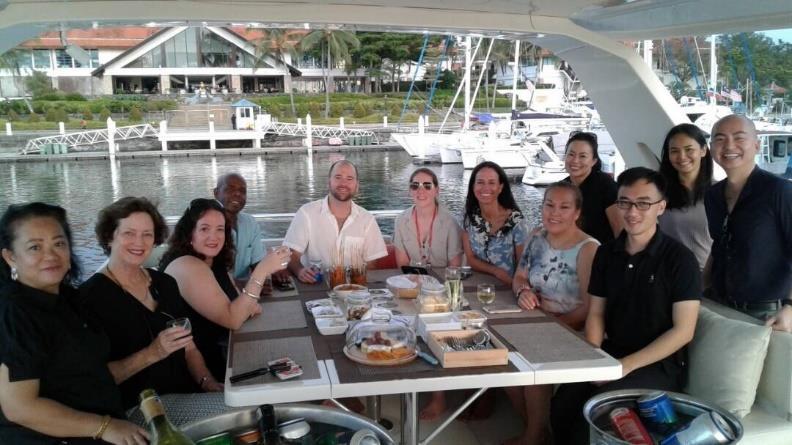 A sundowner cruise is a must during your visit to Kota Kinabalu. Lovely private beach dinner on a small island off KK. View from our hotel, the Shangri-La, on the water in KK.