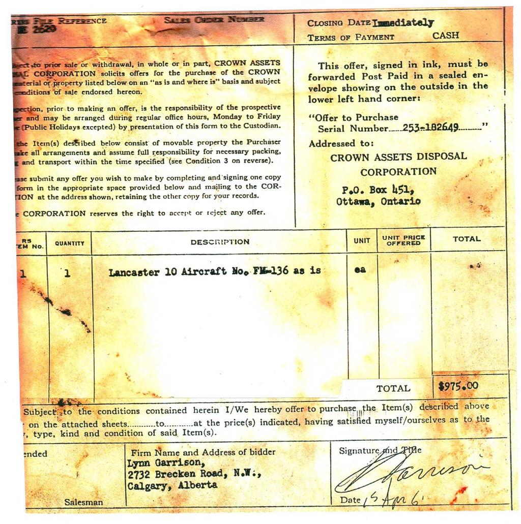 Original Bill of Sale for FM-136 to Lynn Garrison, 15 April 1961. Total cost $975.00 cash for Lancaster serial number 253-182649.
