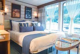 Left to right: The dining room provides views and outstanding cuisine; Category 3 cabin; Category 4 cabin with lower single beds (which can be converted to a Queen) and a private step-out balcony;