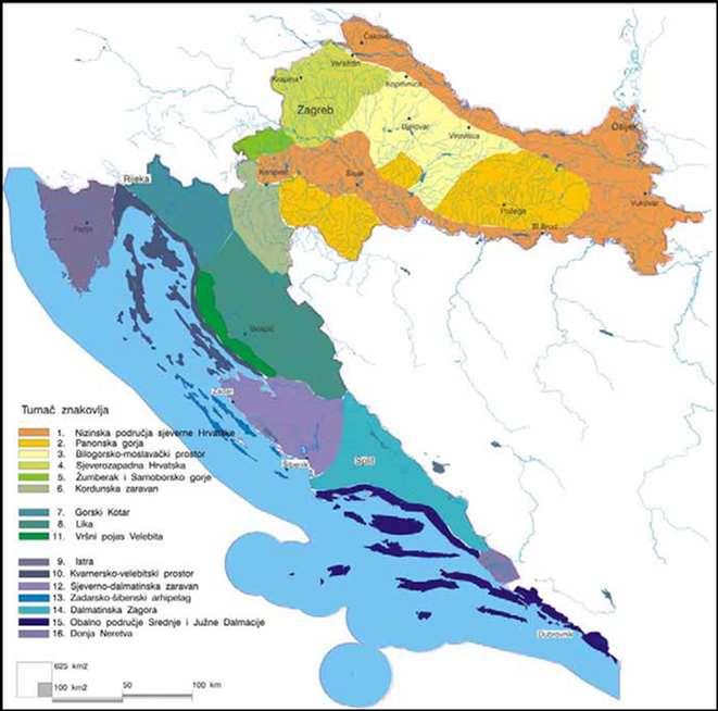 Slika 3.2.9.-1 Krajobrazna regionalizacija Hrvatske s obzirom na prirodna obilježja, Bralić, 1995, lokacija zahvata je prikazana crvenim kvadratom Lokacija zahvata (Slika 3.2.9.-2) se nalazi unutar nizinskog poljodjelskog prostora nižih melioriranih područja Baranje.